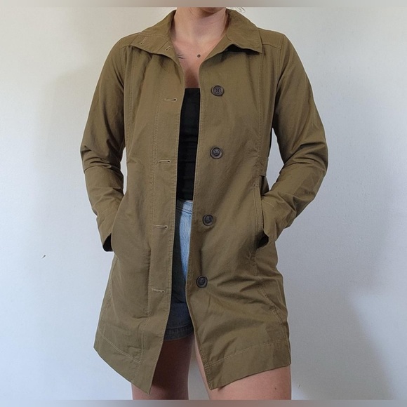 Eddie Bauer Jackets & Blazers - Eddie Bauer Vintage Medium Olive Green Four Button Collared Trench Coat Lined.